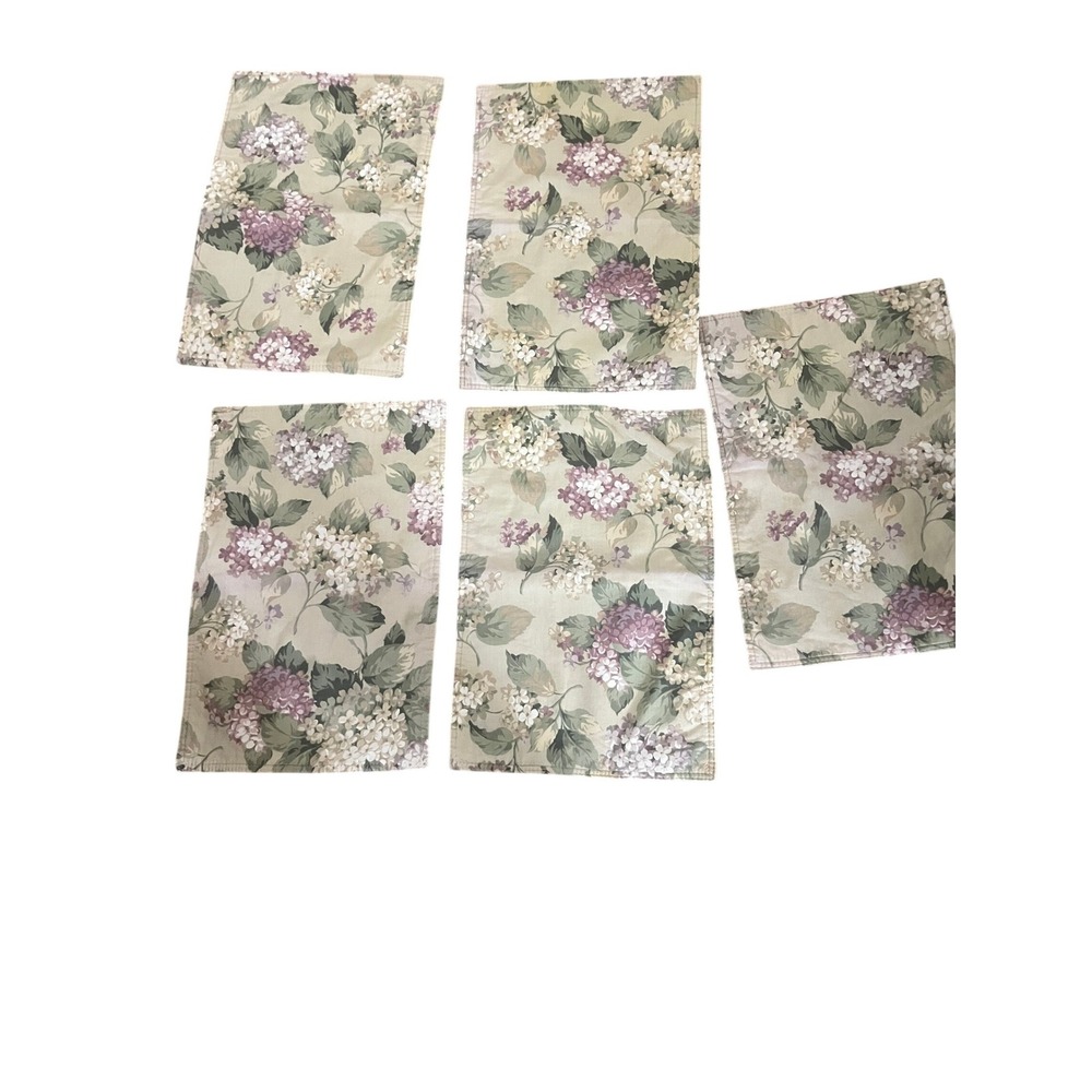 Vintage Floral Hydrangea‎ Reversible Placemats  of 5 Purple Green Ticking Stripe